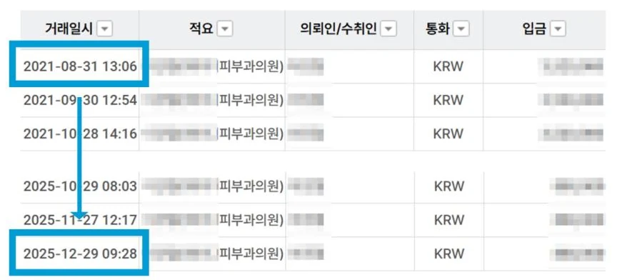 J피부과 실제 입금 내역: 2021.08 첫 결제부터 2025.12 최근 결제까지