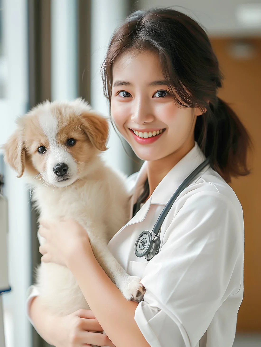 강아지를 안고 웃고 있는 수의사
